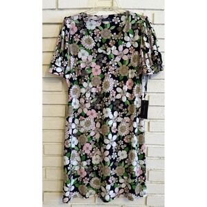 Tommy Hilfiger Black & Pink Floral V-Neck Short-Sleeve A-Line Dress‎ Size 8 NEW